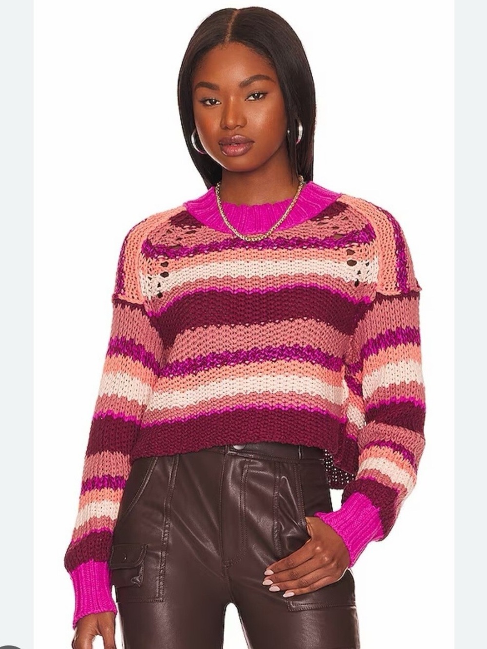 Free People Devon Pink Multi Striped Crewneck Sweater